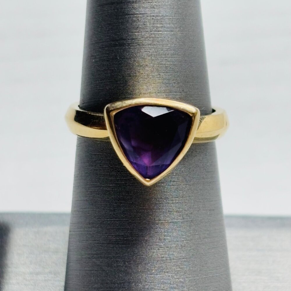 ⛔️SOLD⛔️Signed 14K FP Trillion-Cut Amethyst Triangle Ring Size 7 - Picture 2 of 10